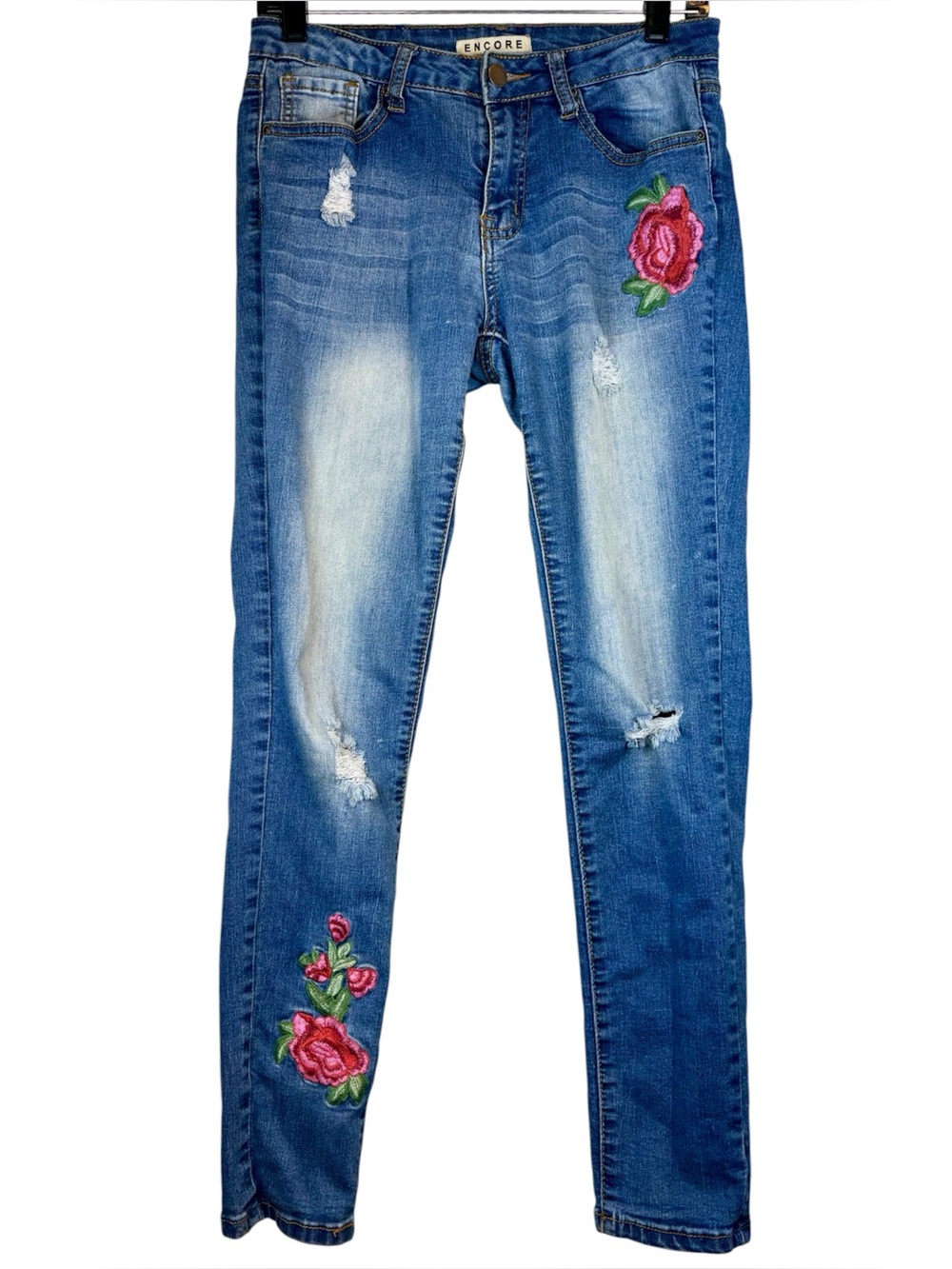 Encore Embroidered Denim Jeans Size 7 Floral Skinny Distressed Mid Wash